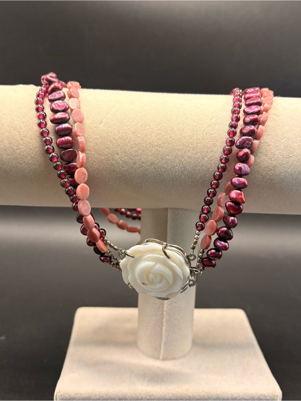 Luxury Artisan 3-Strand Pearl Garnet Pink Stone Carved Shell Rose Necklace